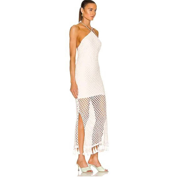 Alexis Knit Crochet Midi Halter Fringe Tassel Shaya Dress White Size M NWT - Picture 2 of 11